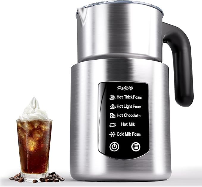 PULZO 5 IN 1 Milk Frother and Steamer, Electric Frother with Detachable Stainless Steel Jug, 17 OZ Hot & Cold Foam Maker for Coffee, Latte, Cappuccino, Hot Chocolate, Silent Operation, BPA