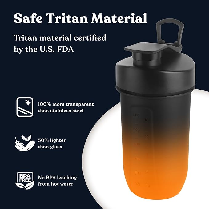 BuildLife Protein Shaker Bottle, 20oz Tritan Shaker Cup with Silent Mixing Grid – Lump Free Shakes 600ML for Pre Workout Protein & Smoothies, BPA-Free Leakproof Dishwasher Safe (BlackOrange)