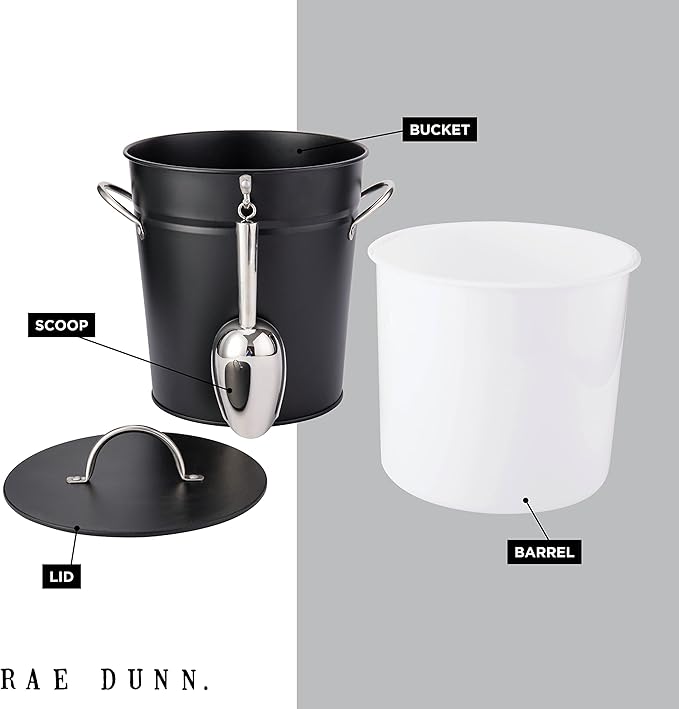 Rae Dunn Ice Bucket with Scoop - Stainless Steel Bucket with Handle, Lid and Ice Scooper - 4 Qt. Storage Bin for Ice Cubes for Bars, Parties, Backyard Barbeques, Picnics, and Camping (Black)