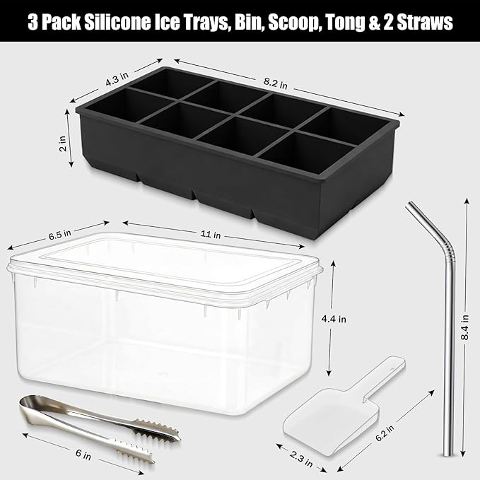 Large Silicone Ice Cube Tray - 3 Pack Trays for 8 Square Cubes with Large Bin, Scoop, Tong & 2 SS Straws - Easy Release Ice Mold for Whiskey, Cocktails, Coffee (Black)