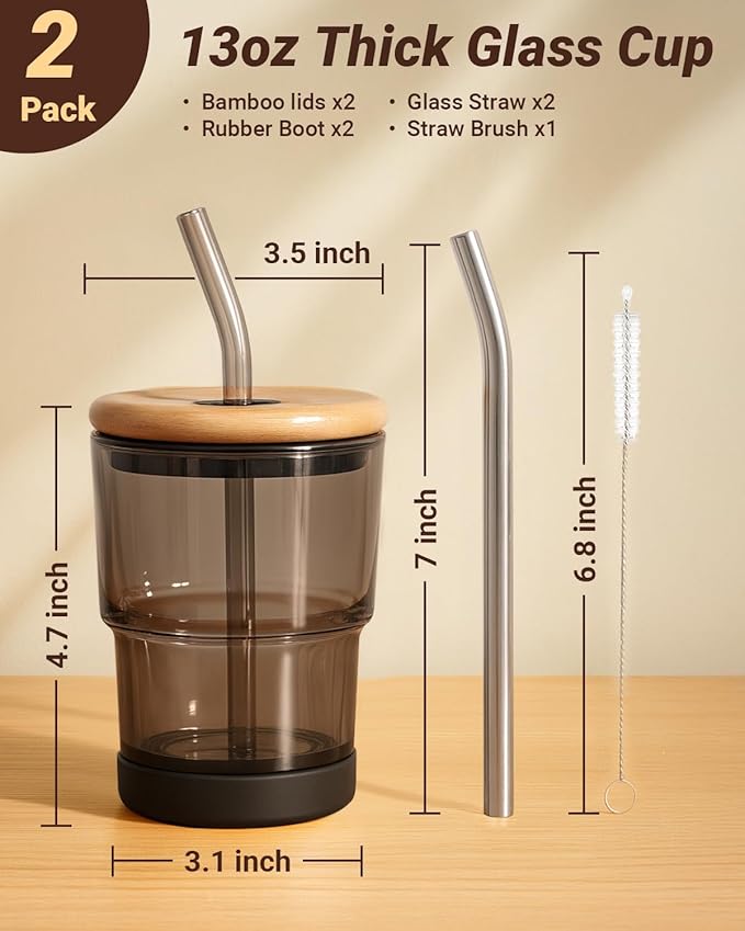 Zukro 13 oz/400ml Glass Cups with Bamboo Lid and Straw, Thick Wall Reusable Glass Tumbler for Iced Coffee, Tea, Matcha, Water Glasses for Home, Office, Non-Slip & BPA Free, Gray 2 Pack