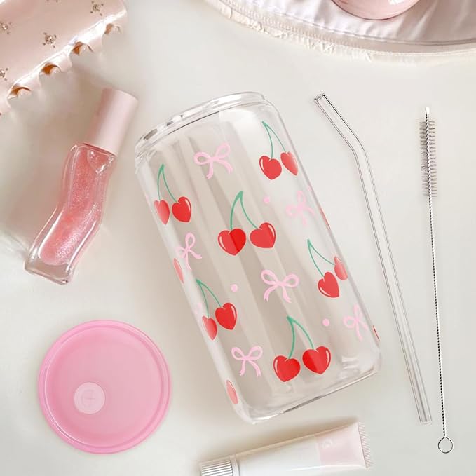 SANDJEST Cherry 16 Oz Can Glass Tumbler with Acrylic Lid and Straw - Iced Coffee Cups for Women, Aesthetic Glass Cup Gift for Birthday Christmas