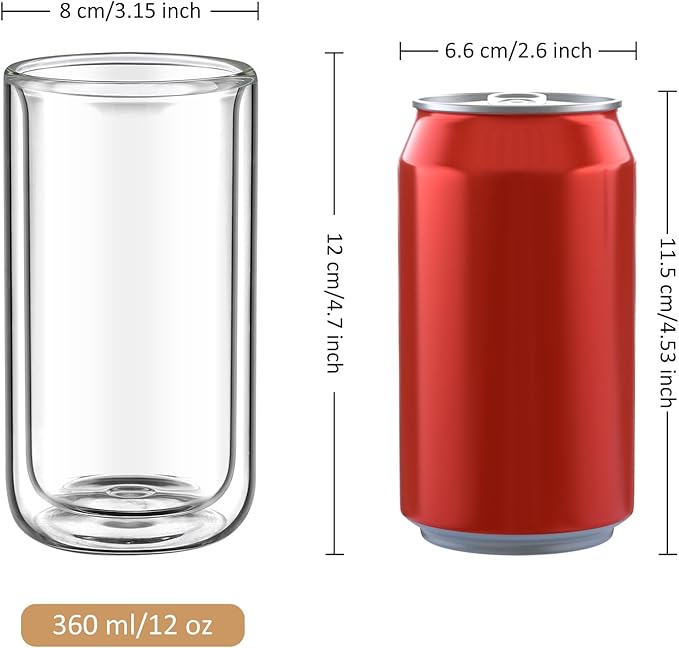 Joeyan Glass Double Walled Beer Drinking Glasses, Insulated Thermo Glass Tumbler Without Hole, Thickened Water Cocktail Highball Glass Cups, Smoothie Tea Coffee Glassware, 12oz, 2Pack, Dishwasher Safe