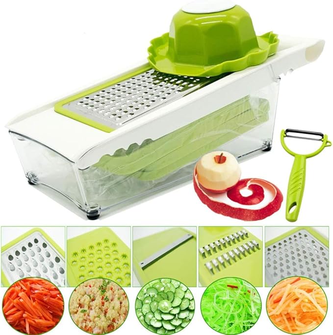 Mandoline Slicer Vegetable Potato Slicer Grater Cutter Chopper, HaetFire Julienne Slices and Shreds Fruits and Vegetables Chopper, Food Container, Safety Food Holder, 5 Interchangeable Sharp Blades