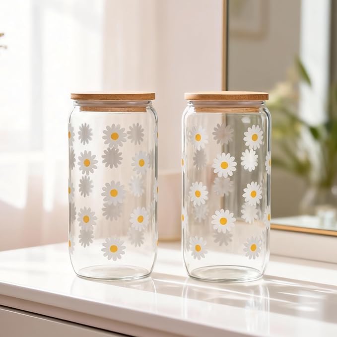 ANABIUP Cute Glass Cups with Lids and Straws, Daisy Flower Iced Coffee Smoothie Matcha Cup Tumbler Birthday Gifts for Women Sister Friend Her Preppy Teenage Girls Teen Girl Gifts Trendy Stuff Things