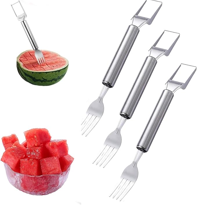 3 Pack Stainless Steel 2-In-1 Watermelon Fork Slicer, Multifunctional Fruit Cutter and Fork For Home, Camping, Summer Kitchen Gadgets