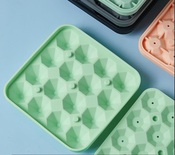 Tiny Diamond Ice Molds 2 Pack, Small Diamond-Shaped Silicone Ice Cube Trays 16 Cubes Per Tray, Easy Release, BPA-Free and Stackable, Mini Ice Cube Trays with Lid Green