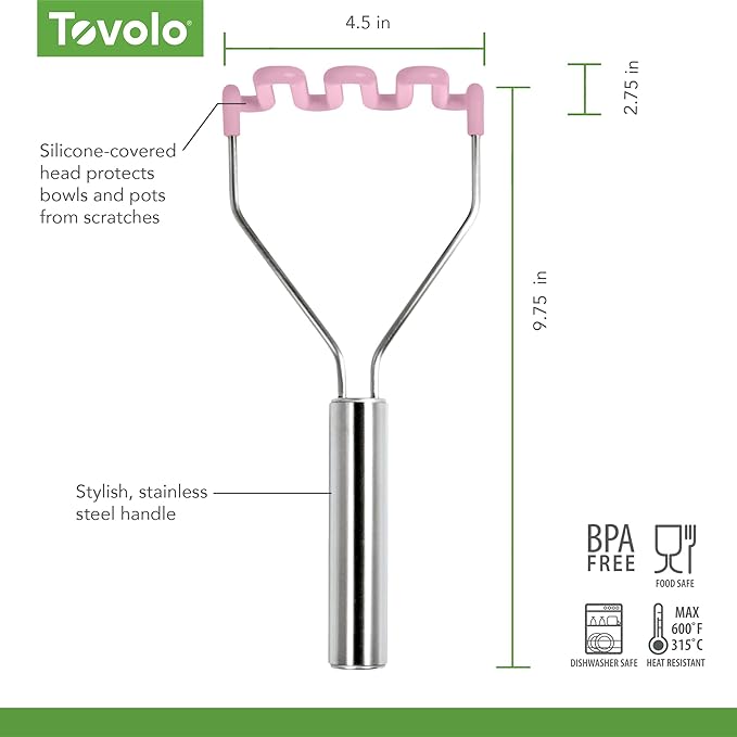 Tovolo Silicone Potato Masher Stainless Steel Handle Pink Sorbet Dishwasher Safe Heat Resistant Non Scratch Handheld Coil Wire Potato Smasher for Nonstick Pans Ergonomic Kitchen Food Prep Tool