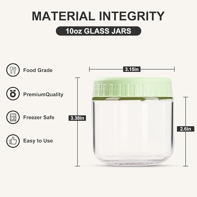 SHOWIN Overnight Oats Containers with Lids, 10oz Glass Jars with Lids 2 pcs, Light Green, Wide Mouth Mason jars for Salad, Yogurt, Snacks, Meal Prep