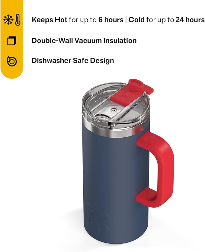 RTIC 16oz Road Trip Travel Mug with Lid and Handle, Ceramic Lined, Insulated, Stainless Steel, Metal, Double Wall Vacuum-Insulation, Portable Coffee, Tea Cup for Hot and Cold Drink, Patriot