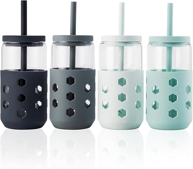 Mrsdry Glass Cups with Lids and Straws 4 Pcs, 16oz Glass Tumbler with Silicone Straw and Sleeve for Coffee Bar Accessory, Drinking Glasses Set Reusable Iced Coffee Cup - Smoothie Cup for Gifts
