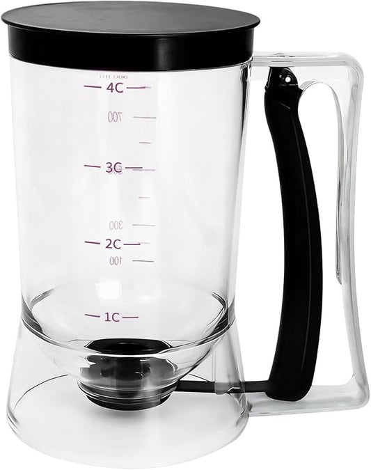 Pancake Batter Dispenser, Kitchen Must Have Tool for Perfect Pancakes, Cupcake, Waffle, Cake & Crepe, Batter Separator Maker with Measuring Label, Easy Pour Baking Supplies for Griddle (Black)