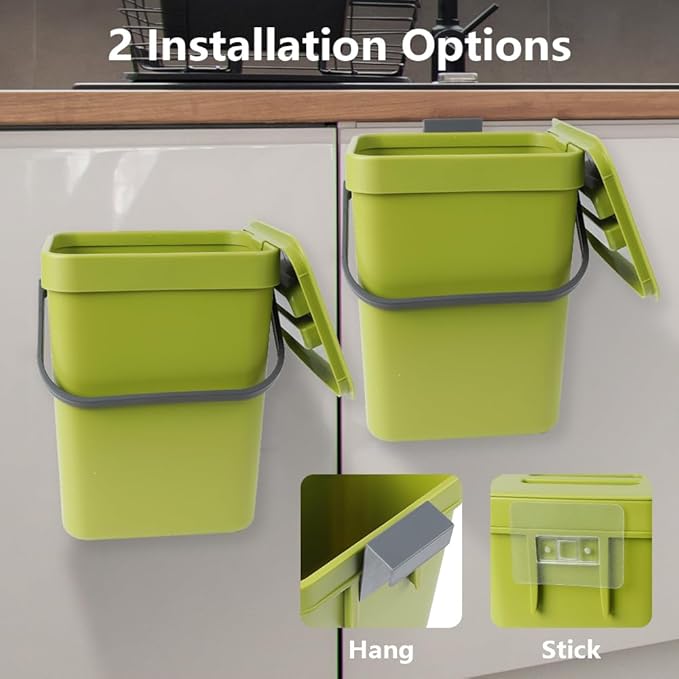 Hanging Small Trash Can with Lid Under Sink for Kitchen, 5 L/ 1.3 Gallons Plastic Waste Basket,Food Waste Bin,Kitchen Compost Bin for Counter Top,Bathroom/Office (Green)