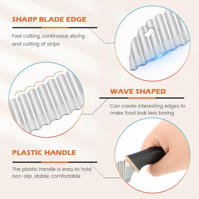 Crinkle Cutter Knife, Rubber Handle Stainless Steel Fries Cutter Slicer with Onion Holder, Vegetable Salad Chopping Knife Home Kitchen Wavy Blade Cutting Tool(Black)