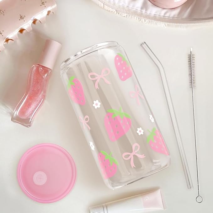 SANDJEST Strawberry 16 Oz Can Glass Tumbler with Acrylic Lid and Straw - Iced Coffee Cups for Women, Aesthetic Glass Cup Gift for Birthday Christmas