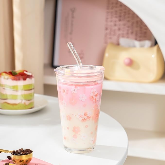 Olvini 15oz Glass Tumbler with Glass Straw and Lid, Cute Iced Coffee Cups, Aesthetic Glass Cups, Coffee Tumbler, Water Cup, Matcha Cup, Drinking Glasses (Cherry blossom)
