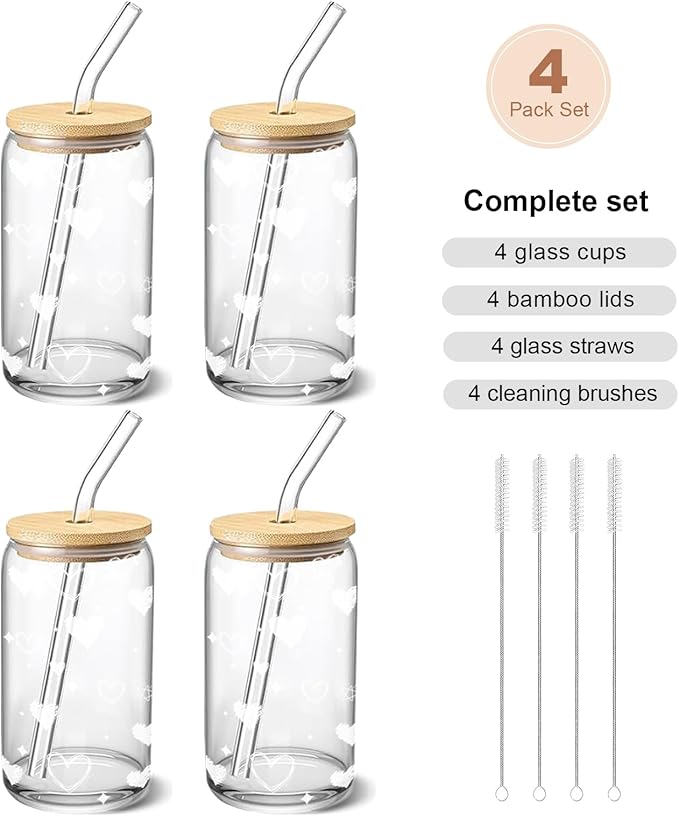 Glass Cups with Lids and Straws – 4 Pack 16oz Heart Tumblers for Cold Drinks, Iced Coffee, Tea, Juice – Sharing Drinkware for Friends, Couples & Gifts
