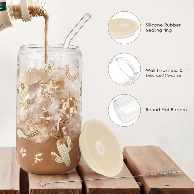 SANDJEST Western Cowgirl 16oz Can Glass Tumbler with Acrylic Lid & Straw, Iced Coffee Cup for Women, Aesthetic Cups Gifts for Birthday Christmas