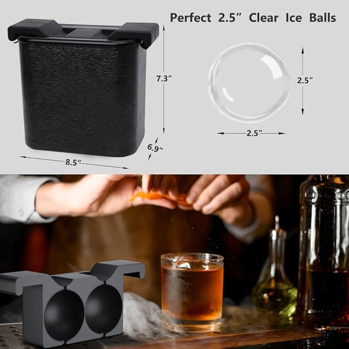 TINANA Clear Ice Ball Maker, 2.5” Crystal Clear Ice Cube Tray Make 2 Large Sphere Ice Balls for Whiskey Cocktails & Bourbon