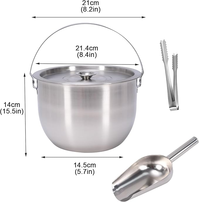 Ice Bucket with Lid, Scoop and Tongs, Champagne Buckets, Wine Chillers, Beverage Tub with Handles, Ideal for Parties, Bar, Pool, Beach and Home, Indoor＆Outdoor Use, Large Capacity, Silver