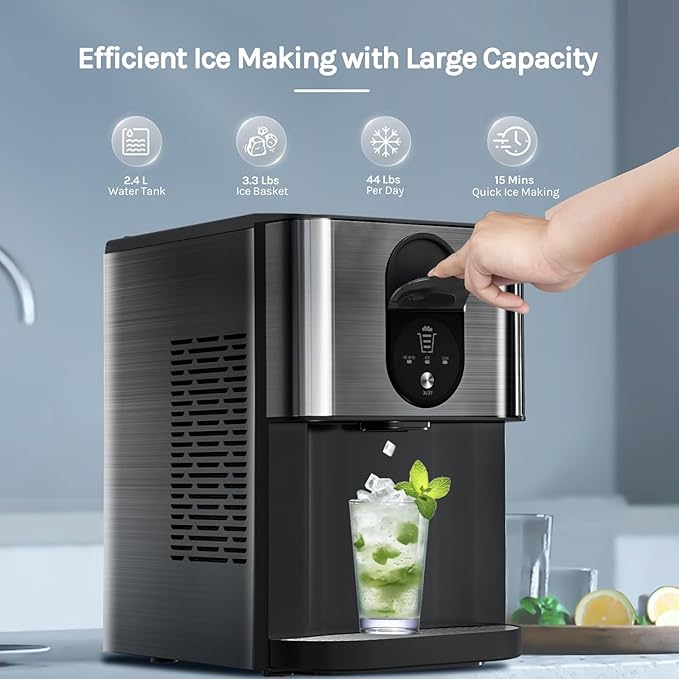 Countertop Nugget Ice Maker, 44lbs/24H Nugget Ice Machine Countertop, Chewable Pellet Ice Maker Machine with Ice Dispenser, 2.4L Water Reservoir, Self-Cleaning, Ideal for Kitchen/Bar/Office, D-Silver