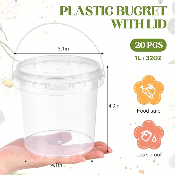 PerKoop 20 Pcs 32 oz Ice Cream Buckets with Lids and Handles Clear Cocktail Rum Buckets with Stickers Plastic Transparent Tub Reusable Food Storage Containers for Parties(Floral Leaf)