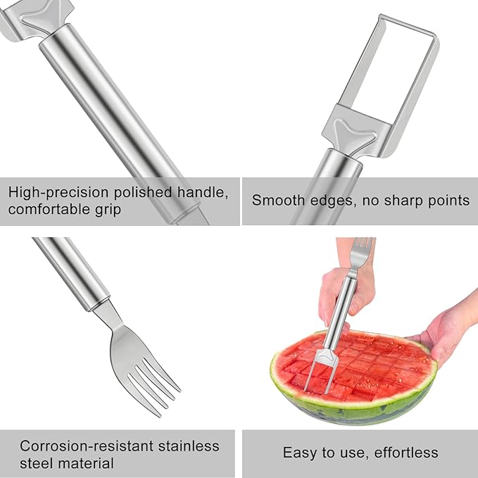 2-in-1 Watermelon Slicer & Fork – 2-Pack Stainless Steel Fruit Cutter Tool for Watermelon, Mango, Pitaya – Portable for Camping, Picnics, Home, Parties – Effortless Cubes & No Mess