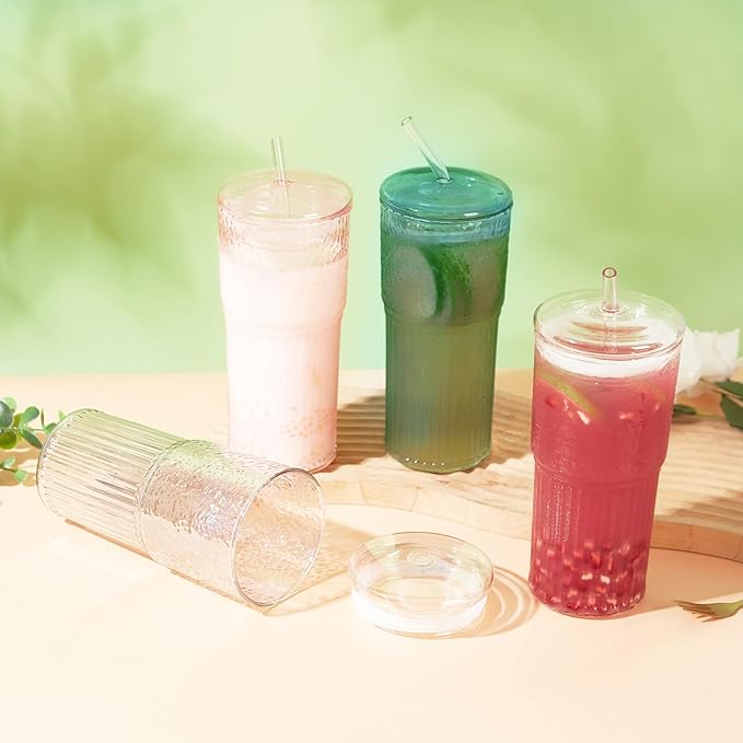 JunVpic Glass Coffee Cups with Lids and Straws, 20 OZ Green Iced Water Glasses Tumblers for Ice Juice, Tea, Milk, Smoothie and Cold or Hot Drinks, Set of 2