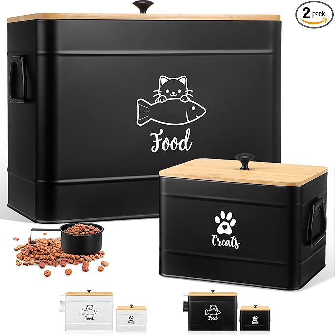 Reallnaive Extra Large Metal Cat Food Containers Airtight 12+3.5 lbs Cat Treat Snack Jars Set of 2 with Bamboo Lids and Spoons Farmhouse Big Pet Cookie Storage Jars for Kitchen Counter Gifts(Black)
