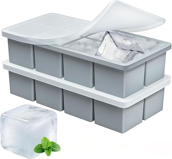 Large Ice Cube Molds, 2 Pack Easy Release Ice Trays for Freezer with Lid, Stackable Square Big Silicone Ice Cube Tray BPA Free Slow Melting for Bourbon Whiskey, Cocktails, Iced Coffee (Grey)