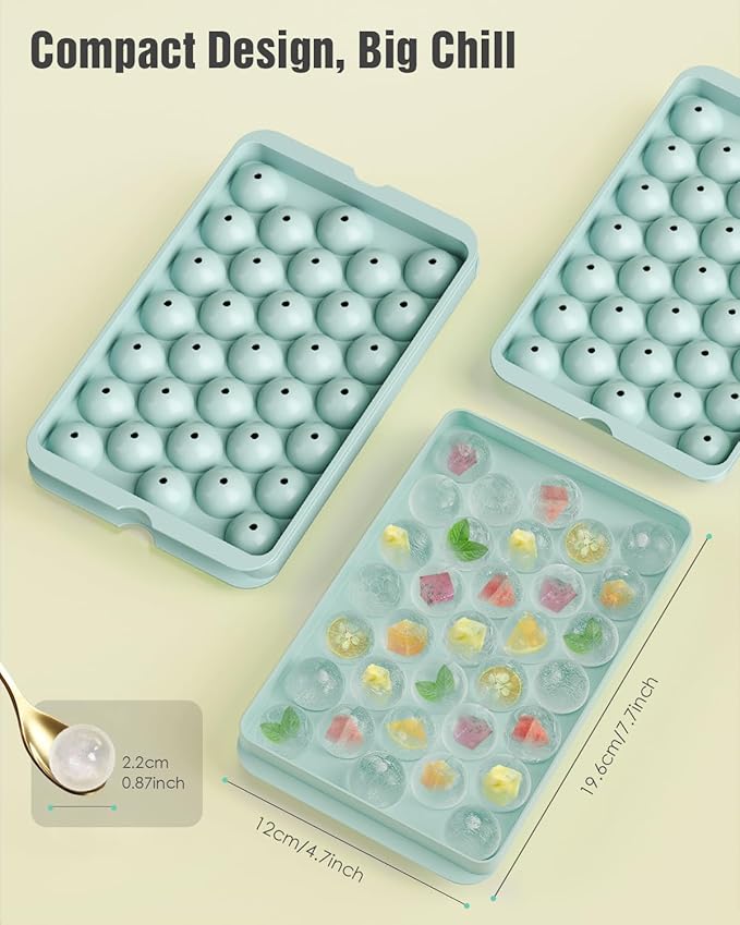 Round Ice Cube Trays for Freezer with Lid and Bin - 3 Stackable Trays Small Circle Ice Maker Molds, 99pcs Round Ice Balls for Chilling Whiskey, Cocktails, Coffee - Easy-Release Sphere Ice Tray