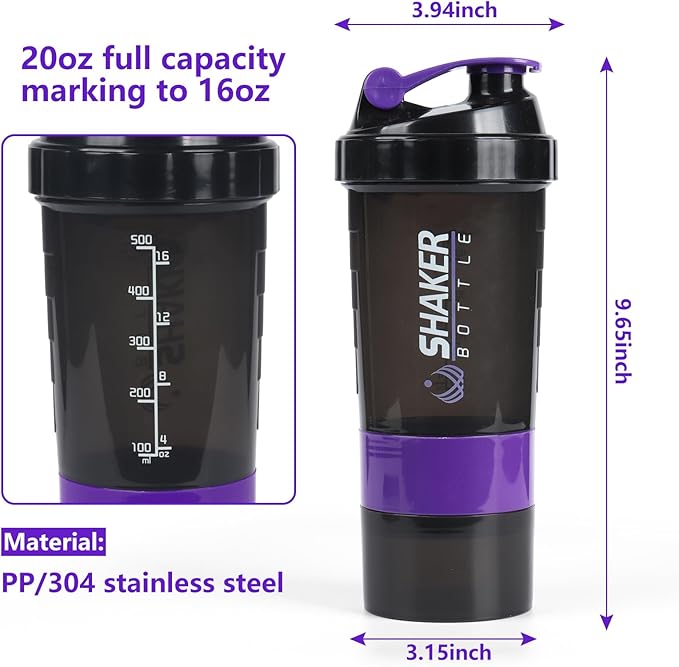Protein Shaker Bottle,Sports Water Bottle,Leak Proof Shake Bottle For Protein Mixer,Non Slip 3 Layer Twist Off 3oz Cups with Pill Tray,Workout Shaker Bottle 16oz,Purple