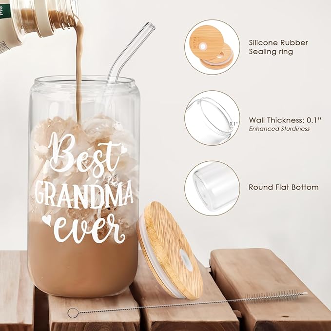 SANDJEST Grandma 16 Oz Can Glass Tumbler with Bamboo Lid and Straw - Iced Coffee Cups for Women, Aesthetic Glass Cup Gift for Grandmother Nana Birthday Christmas Mother's Day