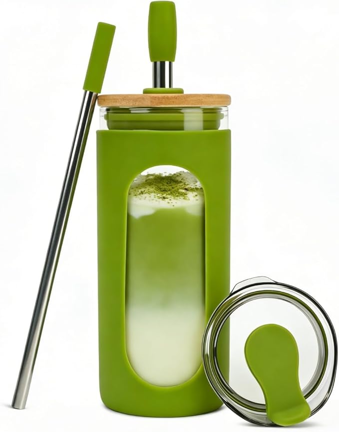 Sursip Glass Matcha Cup with Straws and Lids, 20 oz Reusable Borosilicate Glass Iced Coffee Cup with Lids for, Smoothie, Boba, Juice,Travel to Go Tumbler BPA-Free - Lime Green
