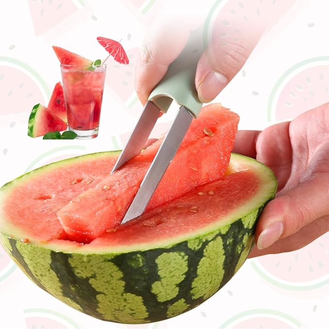 3-in-1 Watermelon Fork Slicer Cutter, 2024 New Stainless Steel Watermelon Popsicle Cutter Slicer Tool, Quickly Watermelon Fork Fruit Cutting Tool Fruit Cutters for Camping Kitchen Gadgets (Beige-2)