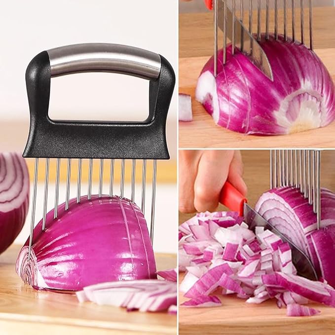 Onion Holder for Slicing, 2025 New Stainless Steel Onion Slice Holder Lemon Slicer Vegetable Cutter, Kitchen Gadgets Chopper Slicing Assistant Tool for Meat, Onion, Tomato, Potato (1 Pcs)