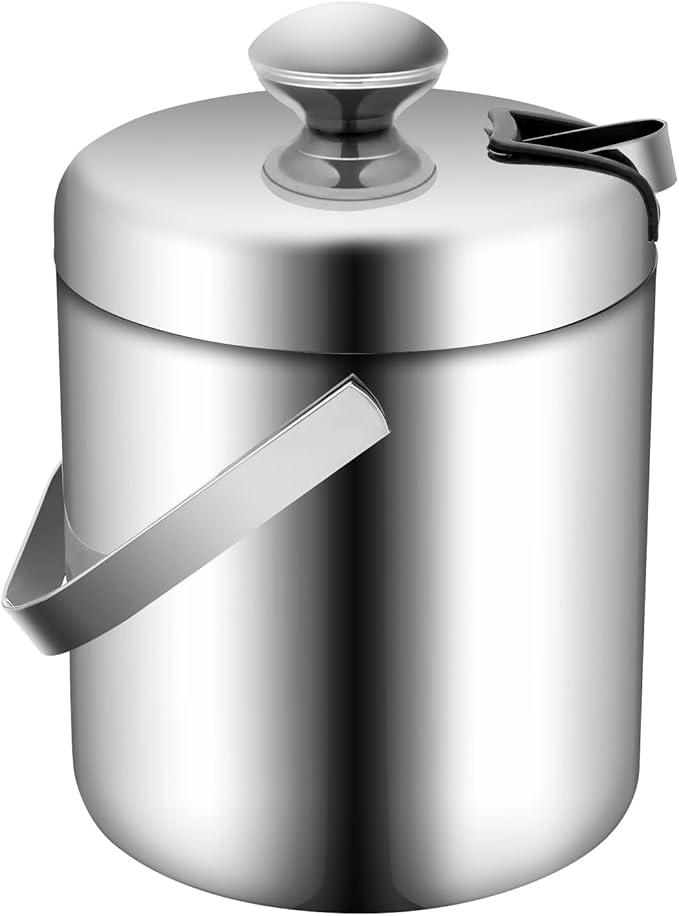 Ice Bucket, 1.3L Double Wall Stainless Steel Ice Bucket with Steel Lid Insulated Ice Bucket with Handles & Stainless Steel Ice Tongs For Bbqs Picnics Parties Courtyard Parties Set of 1