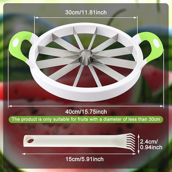 Extra Large Watermelon Slicer Cutter, Stainless Steel Watermelon Knife Set with See-d Remover, Sharp Fruit Cutter Round Divider for Cantaloup Melon Pineapple, Fruits up to 30cm(COLOR:Green)