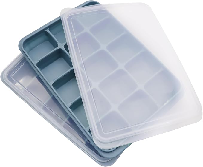 2 Pcs Easy Release Ice Cube Trays, Blue Flexible Silicone Ice Cube Molds Removable Lid Stackable for Whiskey, Beverages, Baby Food (15 cubes 0.7oz)