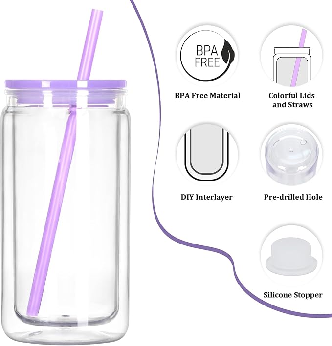 8 Pack Snow Globe Tumbler, 16 Oz Double Wall Plastic Can With Lid and Straw, Mason Jar Mug for DIY Glitter Gift (Mixed Colors)