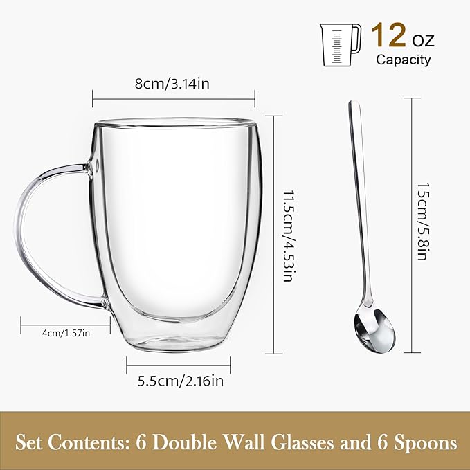 Double Wall Glass Coffee Mugs, 12 Oz Clear Coffee Mugs with Handle, Insulated Glass Coffee Mugs Set of 6, Perfect for Espresso, Cappuccino, Latte, Americano, Tea Bag, Beverage