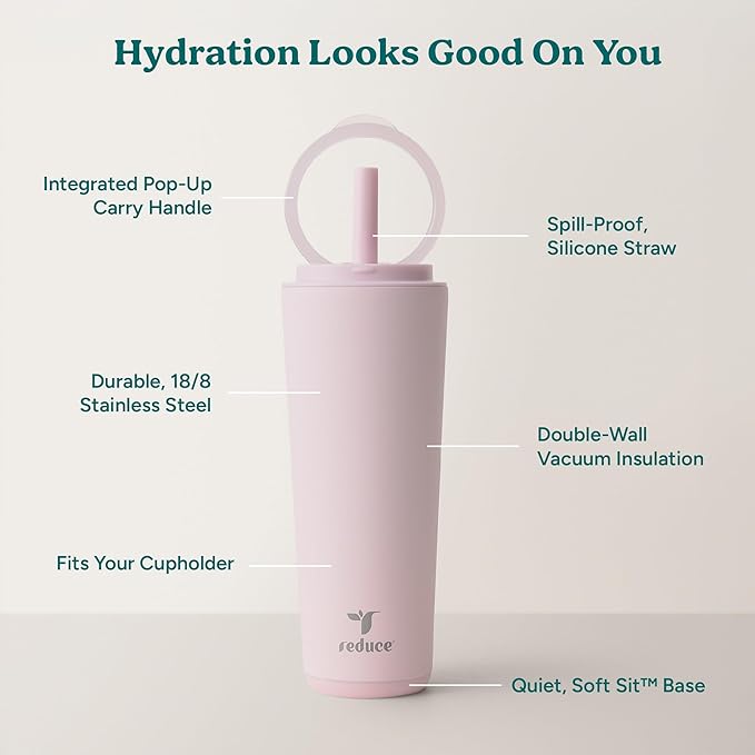 REDUCE Halo 24 oz Stainless Steel Vacuum Insulated Tumbler - Spill Proof Travel Mug with Flip Handle Lid - Keeps Drinks Cold for 32 Hrs - Dishwasher Safe - Cupholder Friendly - Pink Quartz