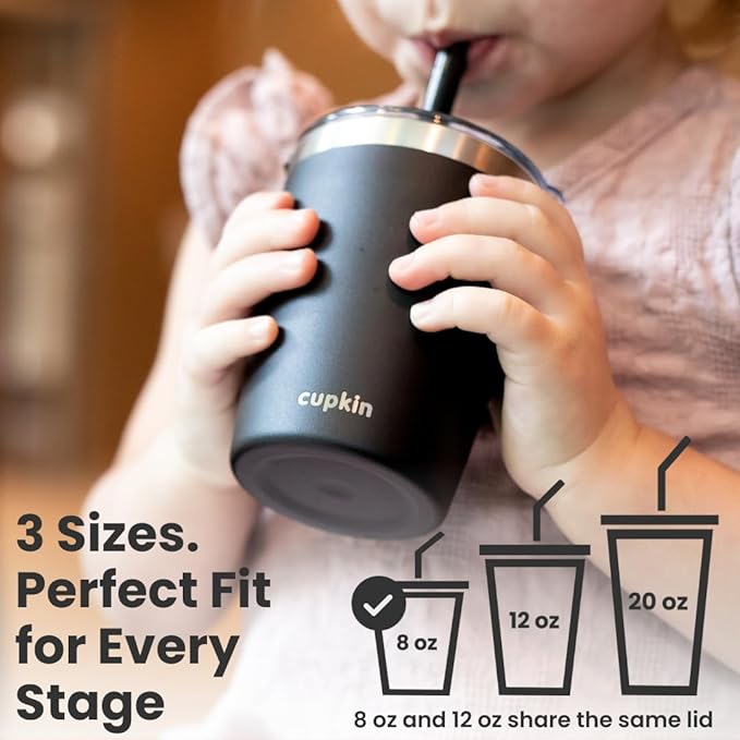 CUPKIN Cups with Lids and Straws, The Original 8 oz Stackable Stainless Steel First Sippy Cup, Set of 2 Powder Coated Insulated Kids Hot Drink Cup + BPA Free Lids + Silicone Straws (Green + Pink)
