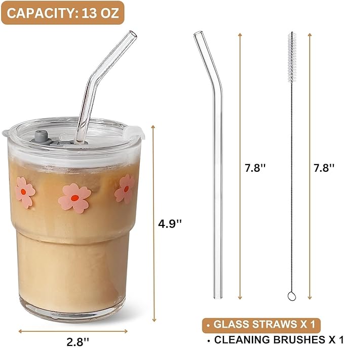 Olvini 13oz Glass Tumbler with Straw and Lid, Reusable Iced Coffee Cup Tumbler, Cute Glass Cups for Water, Matcha, Travel Coffee Mugs (Pink Flower)