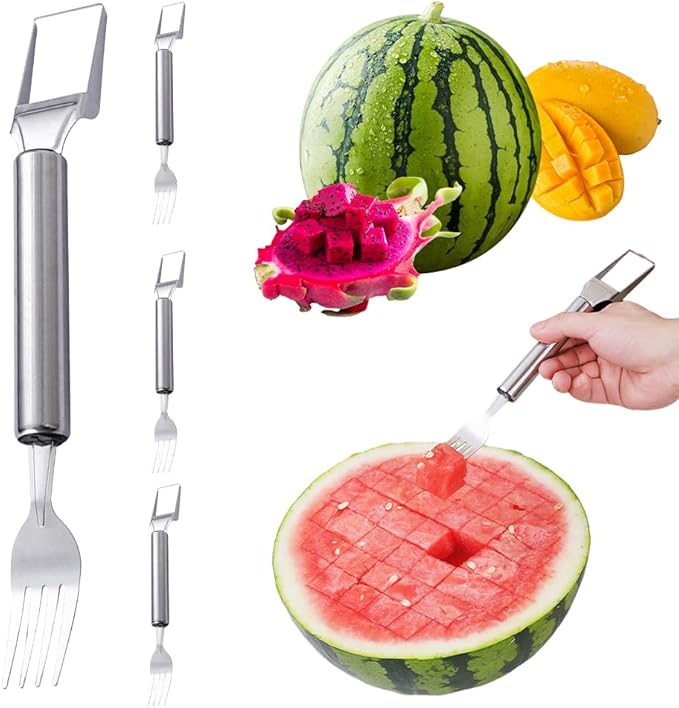 2-in-1 Stainless Steel Watermelon Cutter, Fruit Slicer and Fork Tool, Dual Head Watermelon Cube Cutter with Round Handle for Easy Serving, Kitchen Fruit Cutting Tool (3pcs)