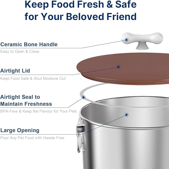 Paw Libero 35 Lbs Stainless Steel Dog Food Storage Container with Airtight Lid & Ceramic Bone Handle, Large Metal Dog Food Bin for Dogs & Cats, Keep Fresh, Easy to Clean