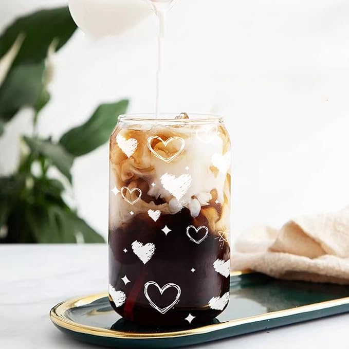 Glass Tumbler with Lid and Straw, 16 oz Heart Iced Coffee Cup with Bamboo Lid, Aesthetic Drinkware Gift for Girlfriend or Best Friend, Valentines Day, Galentines Day, Birthday