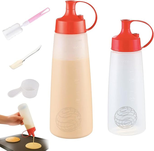 Pancake Batter dispenser bottle, Pancake Mixer and Dispenser with Whisk Ball, Batter Mixer Bottle for Pancakes Waffles Cupcakes Crepes (500ml+400ml)