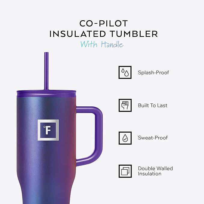 IRON °FLASK Co-Pilot Insulated Mug w/Straw & Flip Cap Lids - Cup Holder Bottle for Hot, Cold Drink - Leak-Proof - Water, Coffee Portable Travel Mug -, 32 Oz