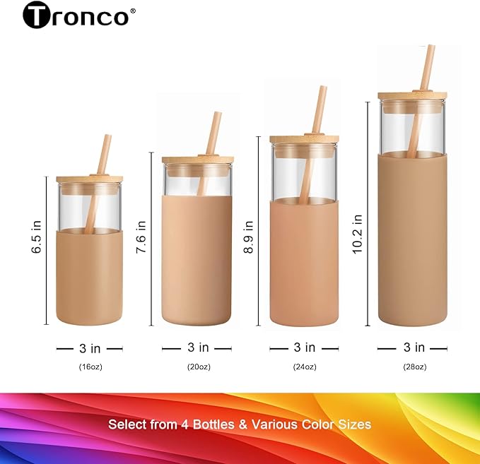 Tronco 24 oz Glass Tumbler with Lids and Straw, Reusable Iced Coffee Cup & Smoothie Cup with Bamboo Lid, Silicone Sleeve, Dishwasher Safe, BPA-Free Borosilicate Glass, 1 Pack